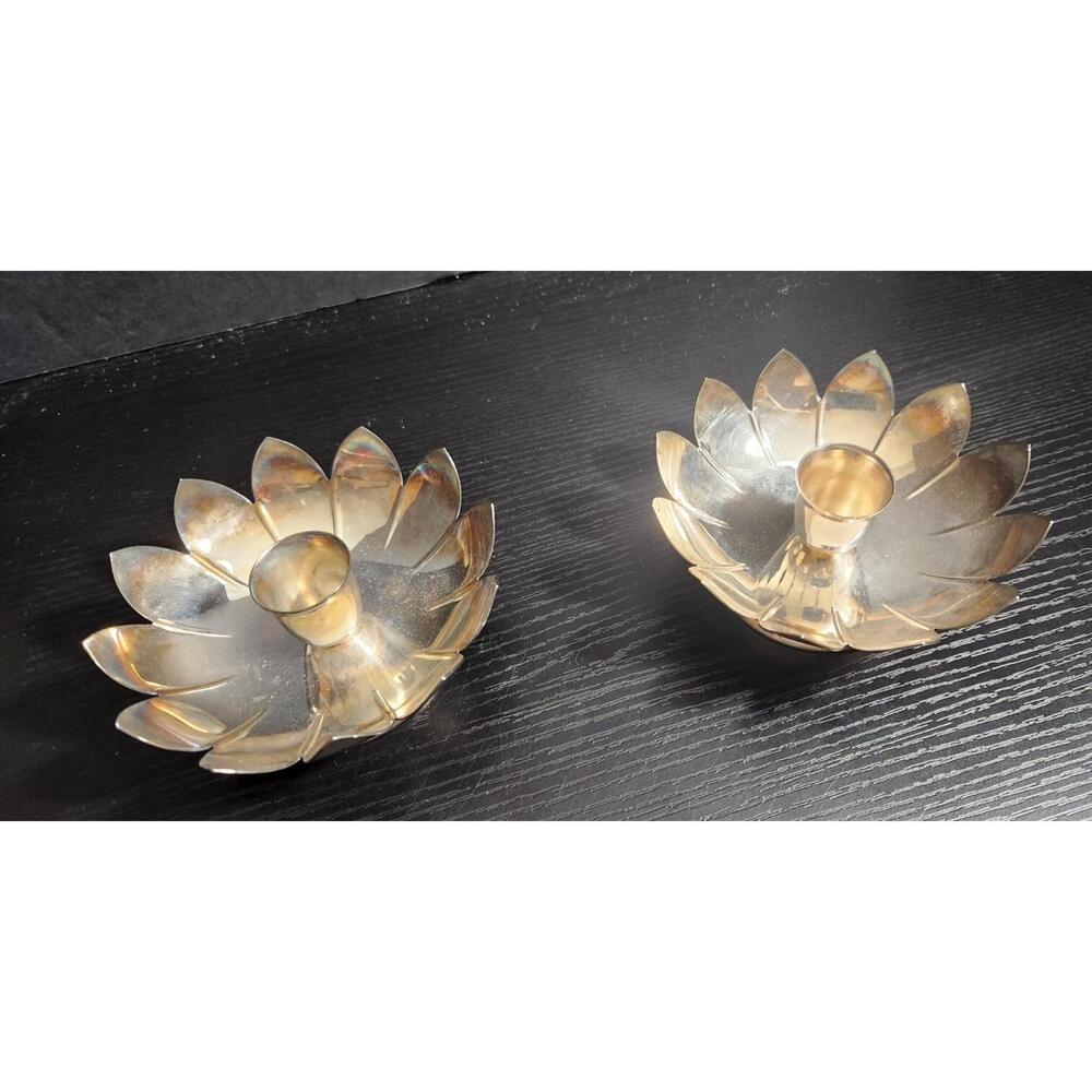 Pair of 1970s‎ Leonard Marked Silver Plate Gregorian Lotus flower Candle Holders